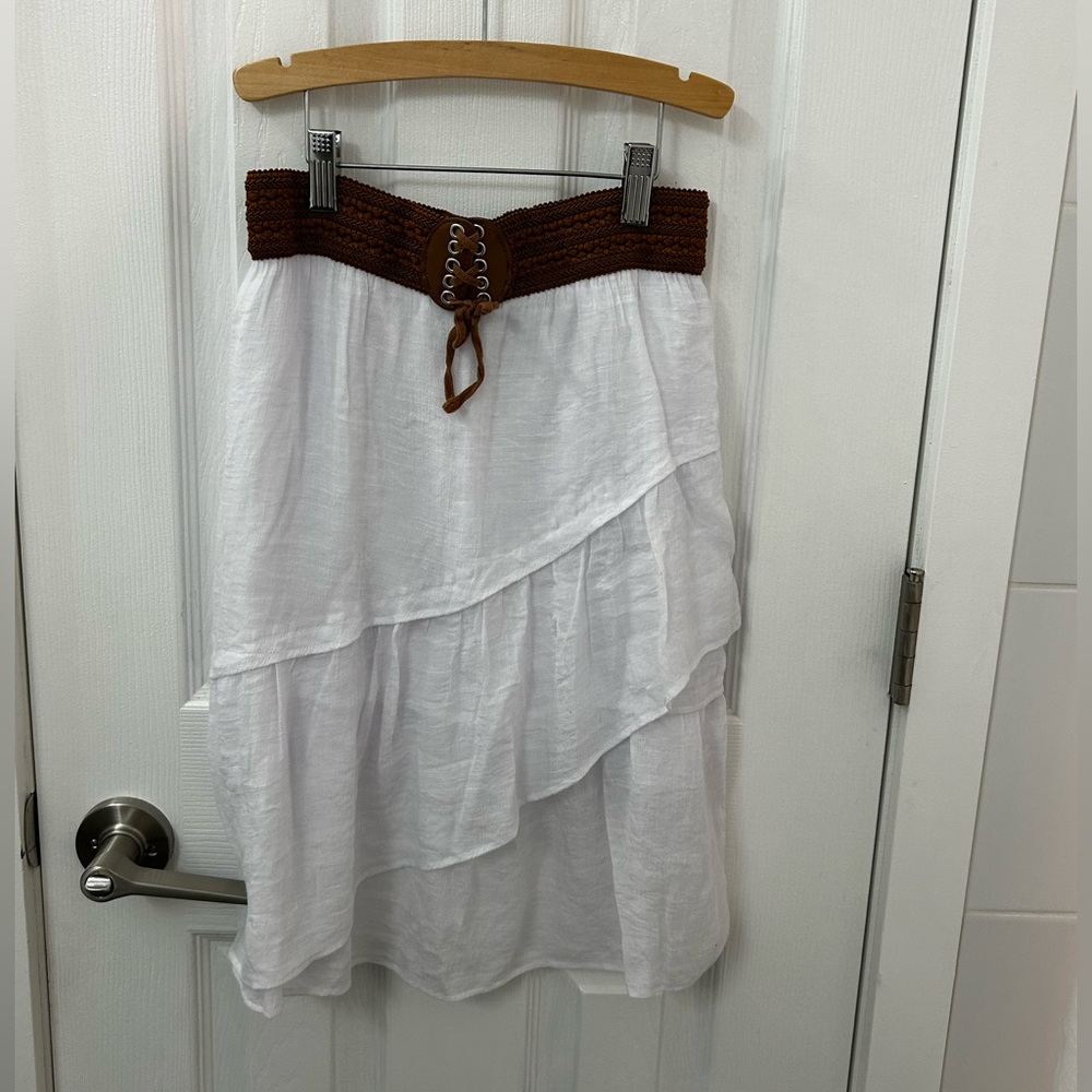 Amy Byer Asymmetrical White Skirt with Brown Waistband